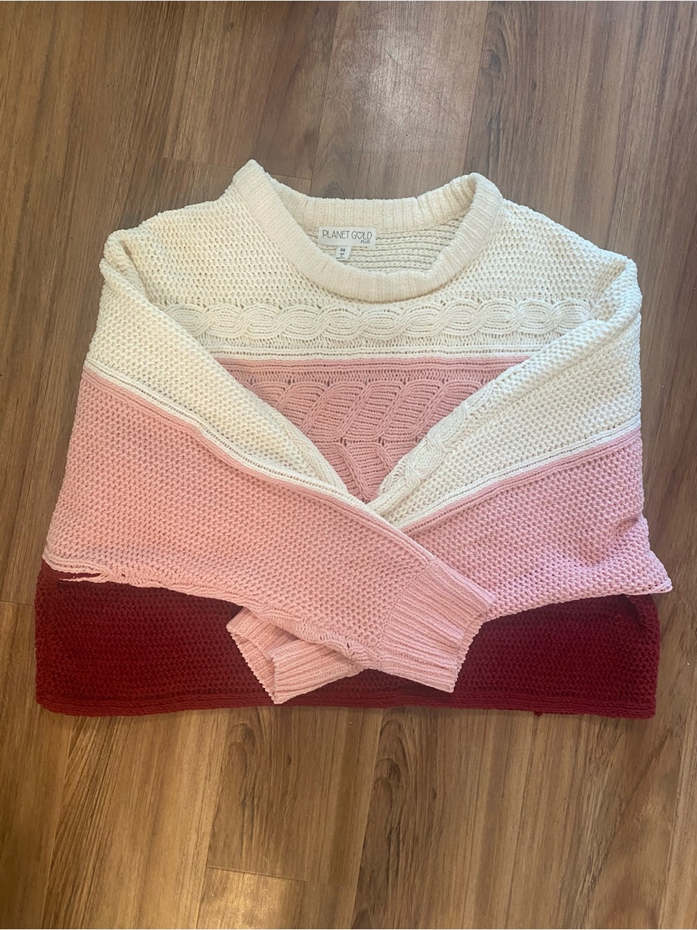 Planet Gold Cream, Pink & Red Colorblock Crewneck Sweater